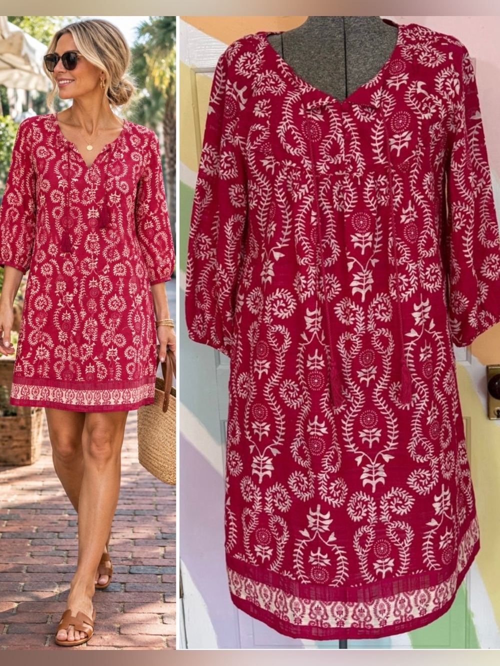 Studio Park Block Print Cotton Tunic Dress Red Ivory Tassel Notch Neck MP 💚🍄
